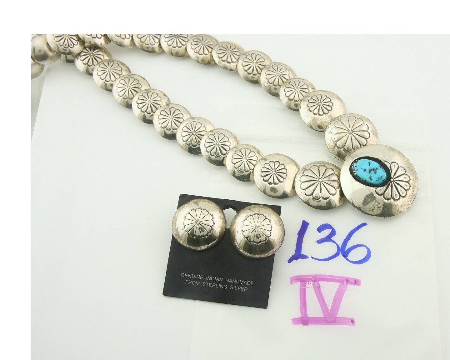 Vintage Navajo Bead Necklace 925 Siilver Turquoise Hand Stamped Native Artist