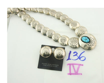 Vintage Navajo Bead Necklace 925 Siilver Turquoise Hand Stamped Native Artist