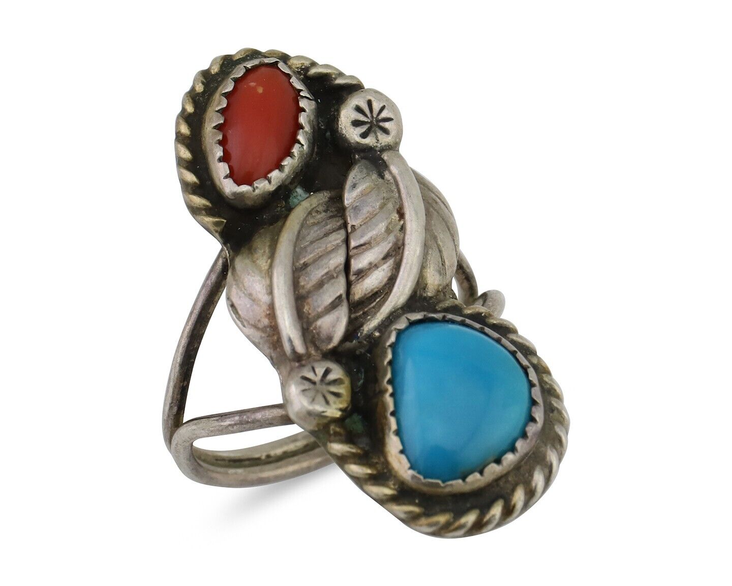 Navajo Handmade Ring 925 Silver Blue Turquoise & Coral Size 8.75 C.80's