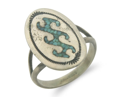 Navajo Ring 925 Sterling Natural Chip Inlay Blue Turquoise C.80's Size 7.0