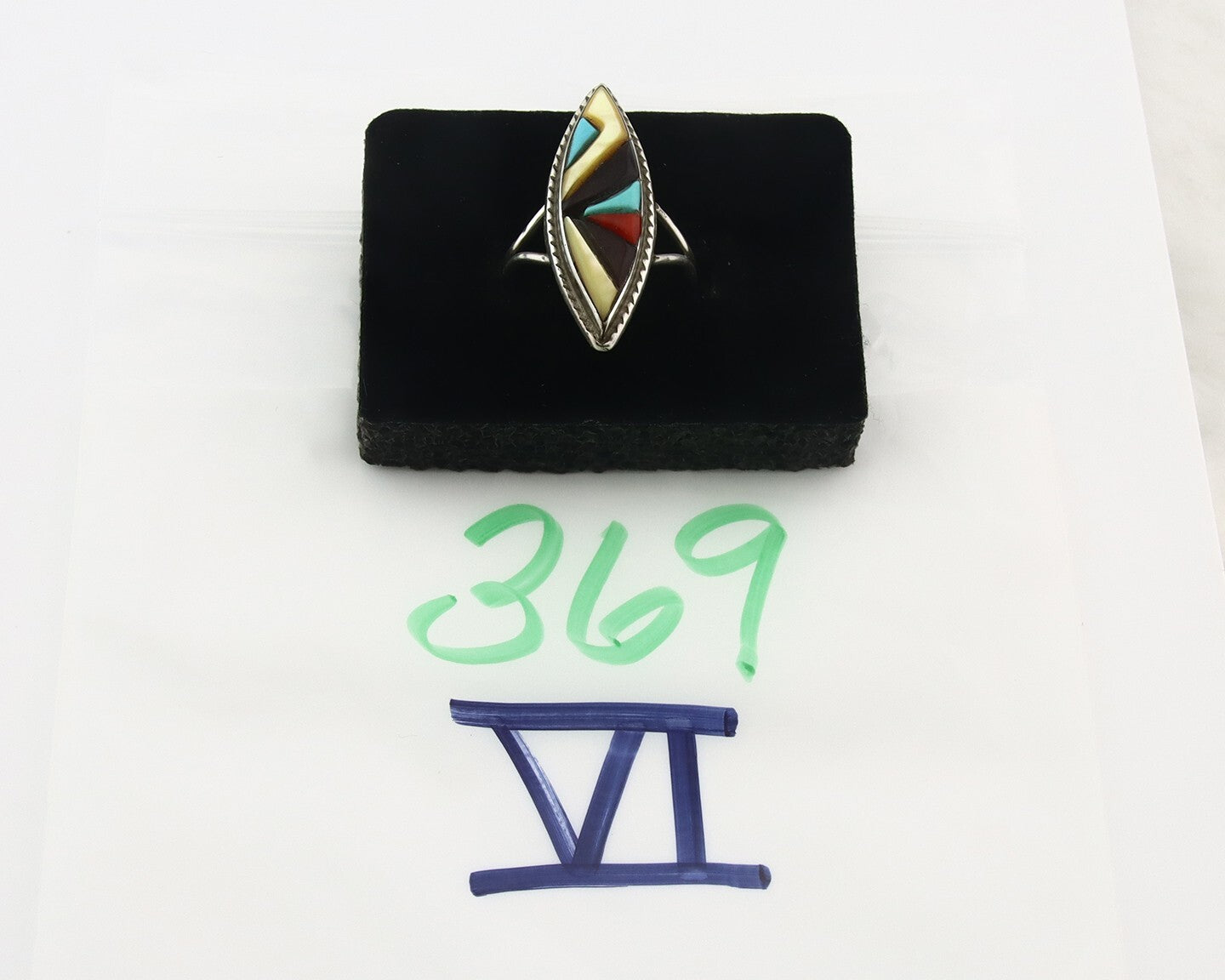 Vintage Zuni Ring 925 Sterling Silver Natural Gemstone Signed R & GT Size 7.5