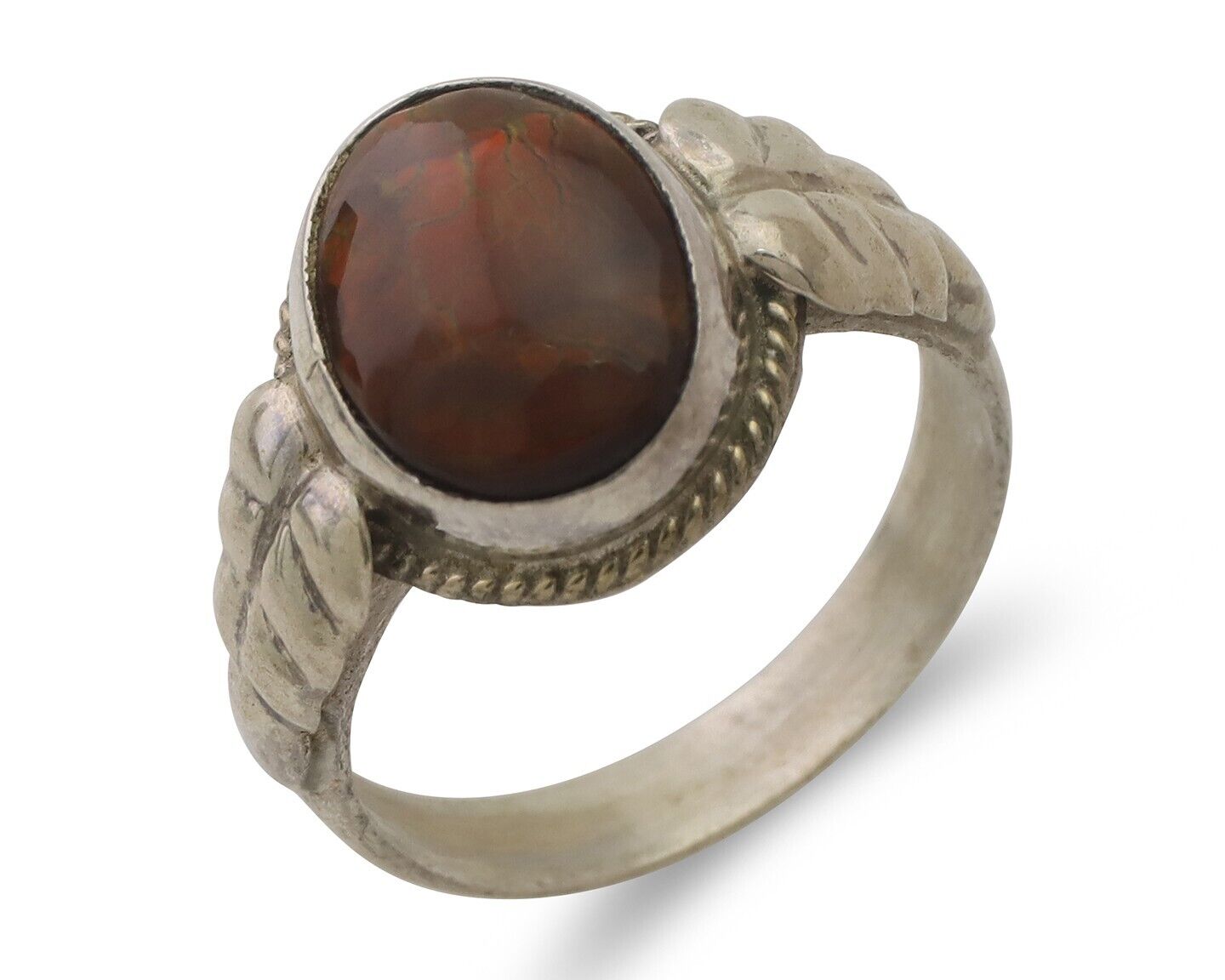 Navajo Handmade Ring 925 Silver Natural Fire Opal Native Artist Size 7.25 C.80's