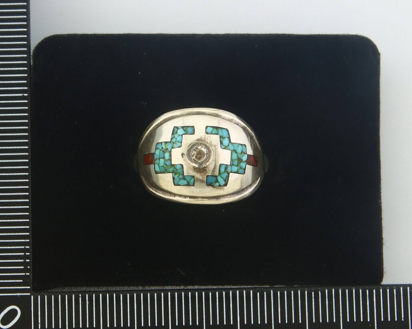 Navajo Ring 925 Sterling Natural Chip Inlay Coral & Turquoise C.80's Sz 8.0