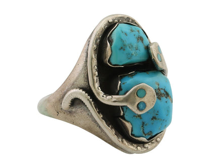 Mens Heavy Zuni Snake Ring 925 Silver Turquoise Signed EFFIE CALAVASA C.80's