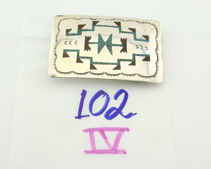 Vintage Navajo Belt Buckle 925 Silver Handmade Inlaid Gemstone Signed HB