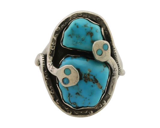 Mens Heavy Zuni Snake Ring 925 Silver Turquoise Signed EFFIE CALAVASA C.80's