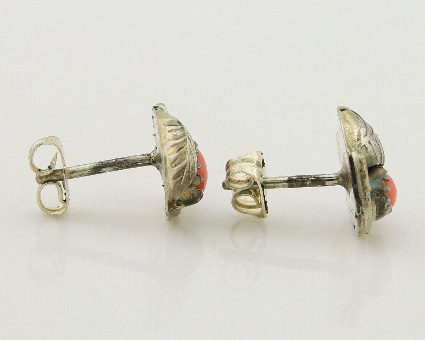 Navajo Earrings 925 Silver Natural Red Coral Native American Artist C.80's