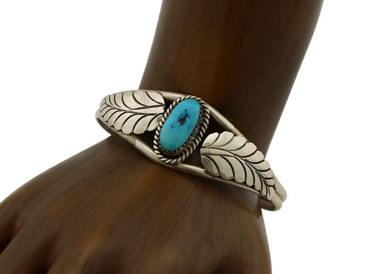 Navajo Handmade Bracelet 925 Silver Natural Blue Turquoise Artist Signed E C.80s