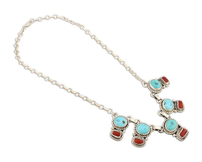 Navajo Necklace 925 Silver Natural Blue Turquoise & Coral Native American C80s