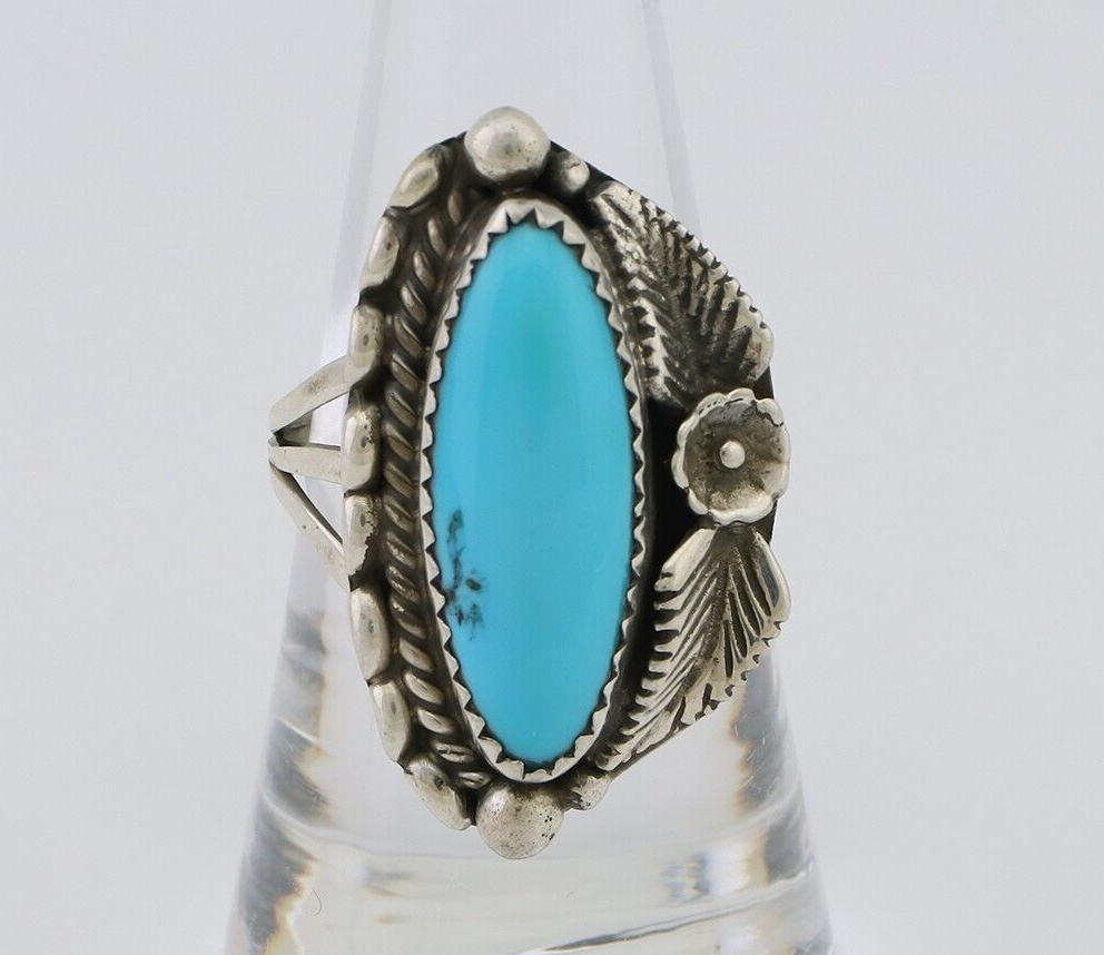 Navajo Ring 925 Silver Sleeping Beauty Turquoise Artist Signed SC C.80's