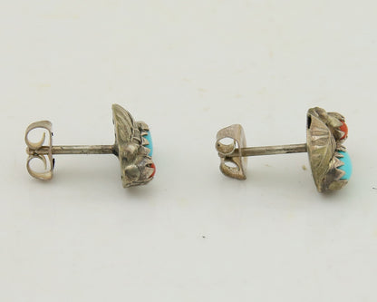 Navajo Earrings 925 Silver Natural Coral & Turquoise Native Artist C.80's