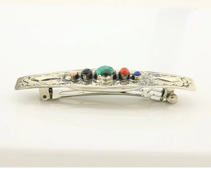 Navajo Barrette Sterling Silver Gemstones Hand Stamped Vintage Signed