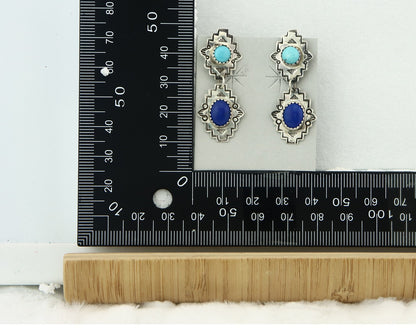 Navajo Earrings Sterling Silver Lapis & Truquoise Vintage Signed Mary Ellen