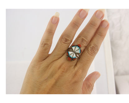 Vintage Navajo Ring 925 Sterling Gemstone Signed A Sunburst Size 6.75