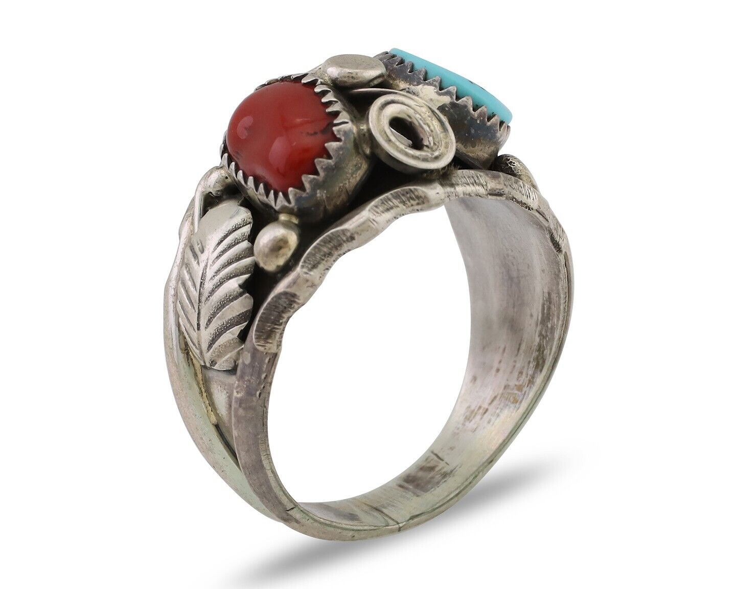 Navajo Ring 925 Silver Coral Turquoise Artist Signed Max Calabaza C.80's