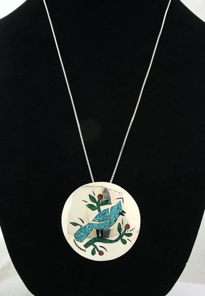 Navajo Blue Jay Necklace Sterling Silver Natural Green Gemstones Signed JS