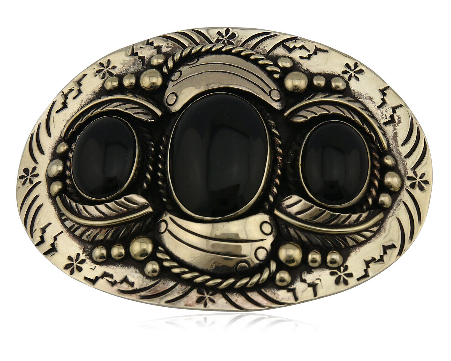 Navajo Handmade Belt Buckle .999 Nickle Silver Onyx Artist Signed Tipi C.80's