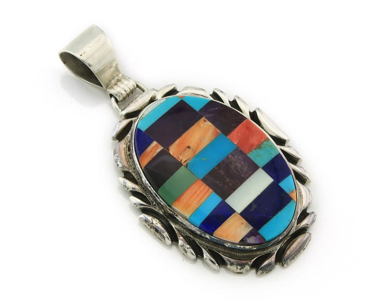 Navajo Pendant 925 Sterling Silver Natural Gemstones Vintage Signed Rabbit Stick