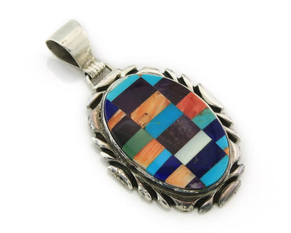 Navajo Pendant 925 Sterling Silver Natural Gemstones Vintage Signed Rabbit Stick