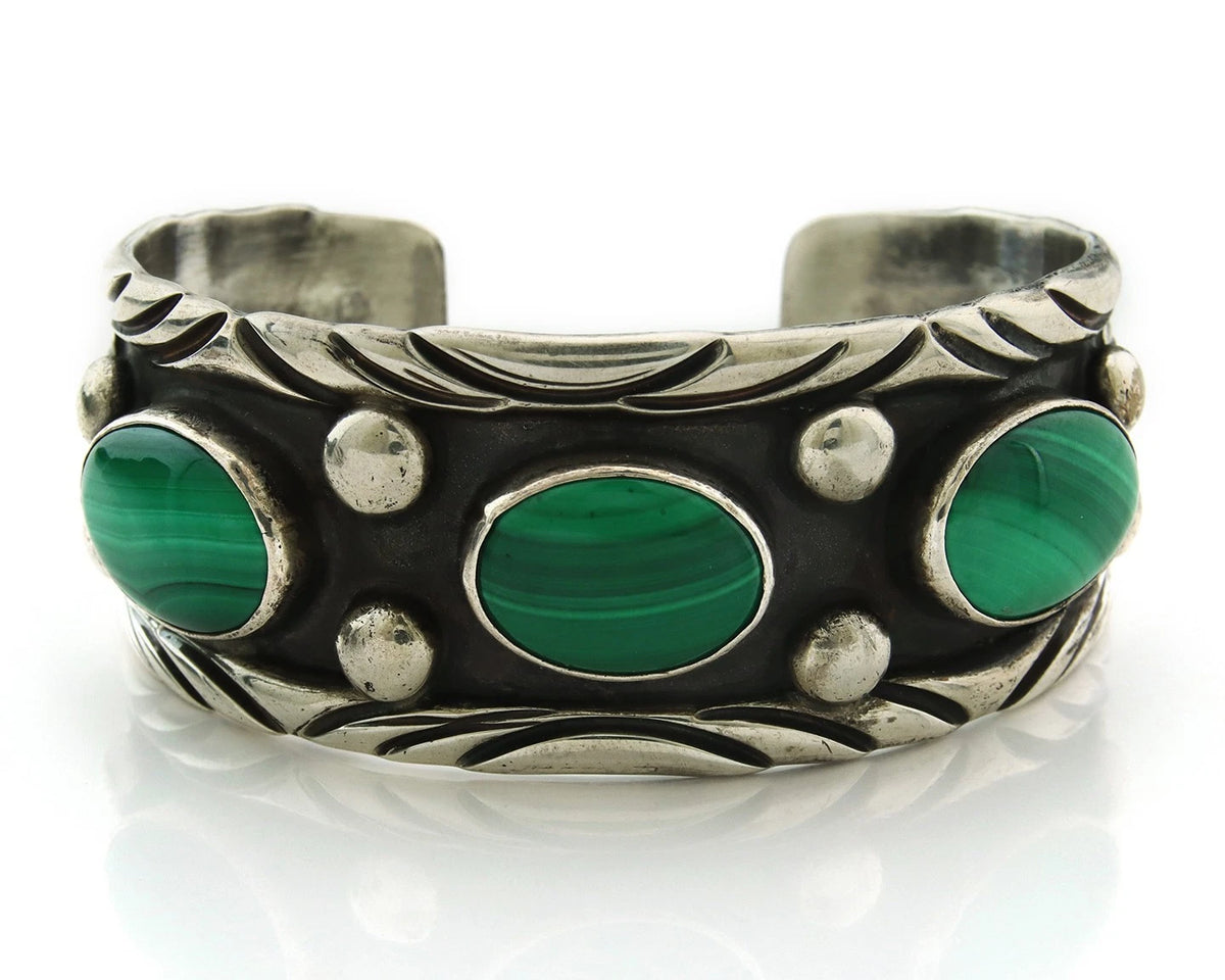 Men Navajo Cuff Bracelet Sterling Silver Malachite Vintage Signed C Montoya