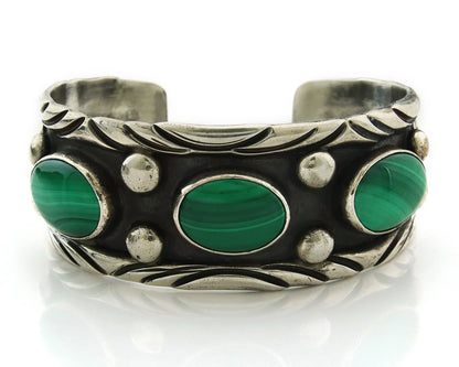 Men Navajo Cuff Bracelet Sterling Silver Malachite Vintage Signed C Montoya
