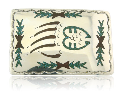 Vintage Navajo Belt Buckle 925 Silver Handmade Inlaid Gemstone Signed HB