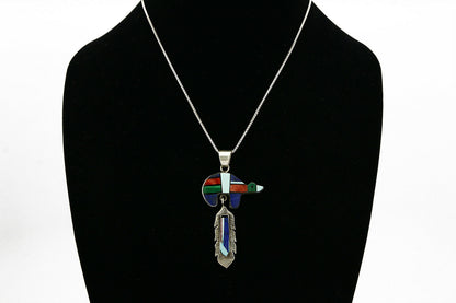 Navajo Inlaid Gemstone Pendant .925 Silver Handmade Signed F&L Yazzie C.80's