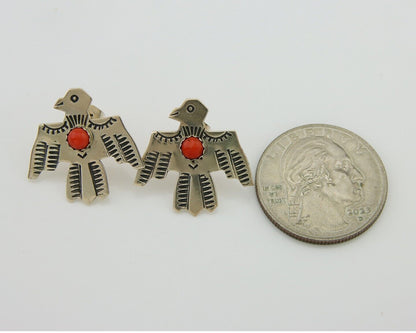 Navajo Thunderbird Earrings 925 Silver Natural Red Coral Native Artist C.80's