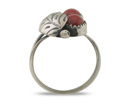 Navajo Handmade Ring 925 Silver Natural Mediterranean Coral Signed 88 C.80's