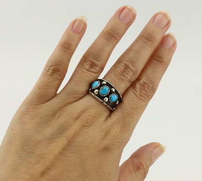 Navajo Ring 925 Silver Sleeping Beauty Turquoise Artist Signed RC C.80's
