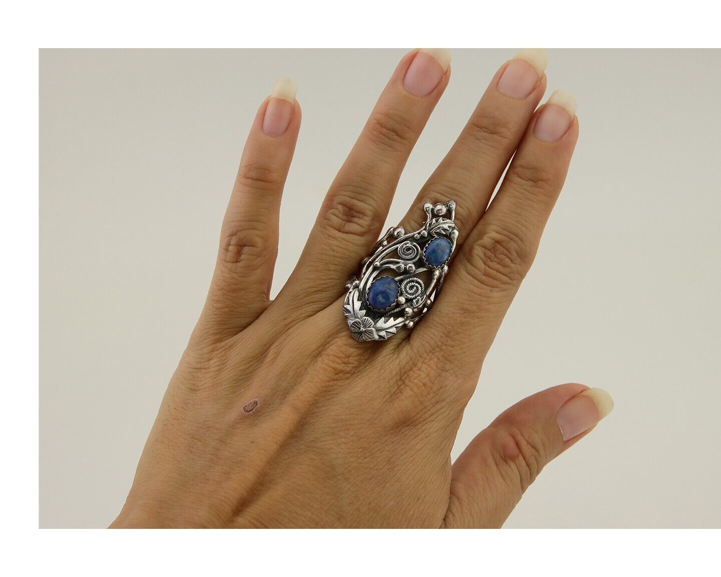 Navajo Ring 925 Silver Natural Denim Lapis Artist Signed Prairie Fire C.80's