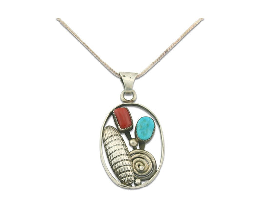 Vintage Navajo Necklace 925 Silver Turquoise & Coral Artist Signed WN?