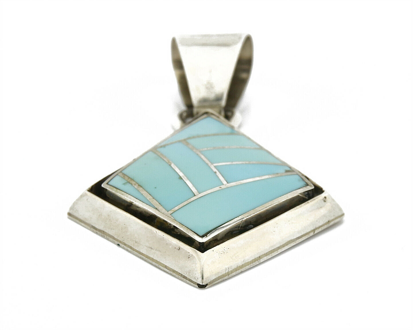 Navajo C. 1980's Inlaid Raised Shadowbox .925 Silver Turquoise Pendant