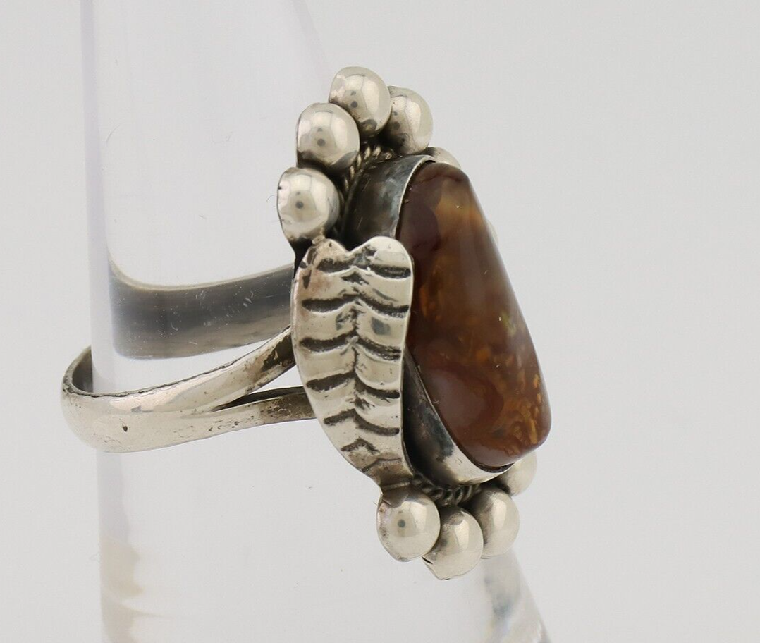 Navajo Handmade Ring 925 Silver Natural Fire Opal Native Artist Size 7.5 C.80's