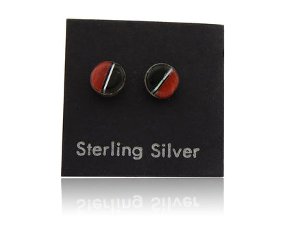 Navajo Earrings 925 Silver Inlaid Natural Onyx & Coral Native Artist C.80's
