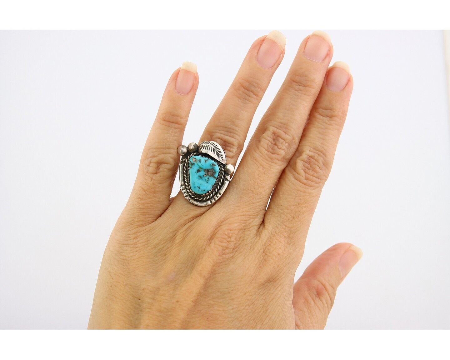 Navajo Ring 925 Sterling Natural Blue Turquoise Native Artist C.80's Size 5.75