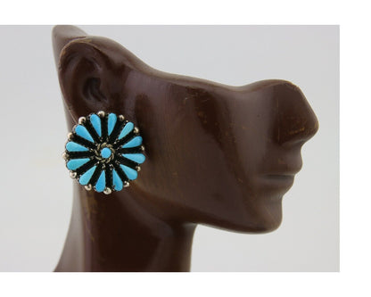 Navajo Petit Point Earrings 925 Silver Turquoise Signed Benson Yazzie C.80's