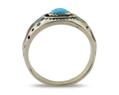 Navajo Ring 925 Silver Turquoise & Coral Natural American Artist C.80's