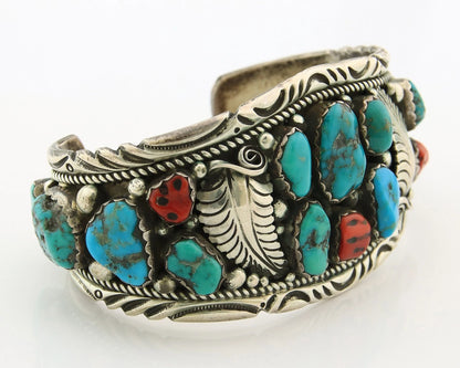 Navajo Cuff Bracelet Sterling Silver Gemstone Vintage Signed Herbert Taylor