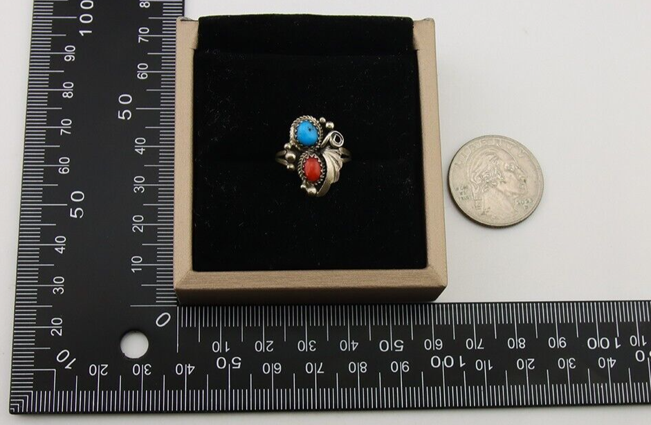 Navajo Ring 925 Silver Turquoise & Coral Native American Artist C.80's