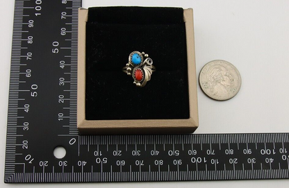 Navajo Ring 925 Silver Turquoise & Coral Native American Artist C.80's