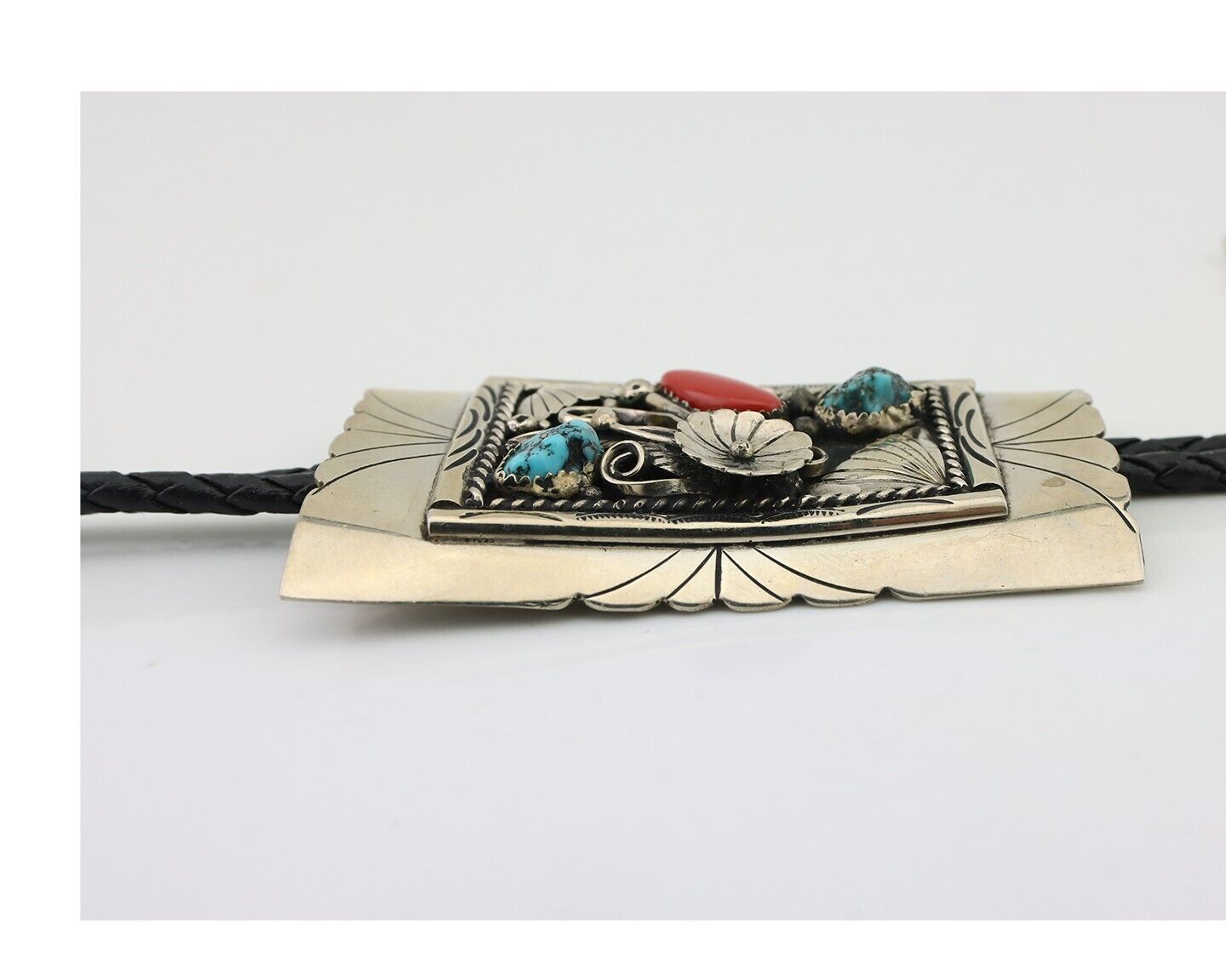 Navajo Bolo Tie .999 Nickel Coral & Turquoise Signed Animal Paw C.80's