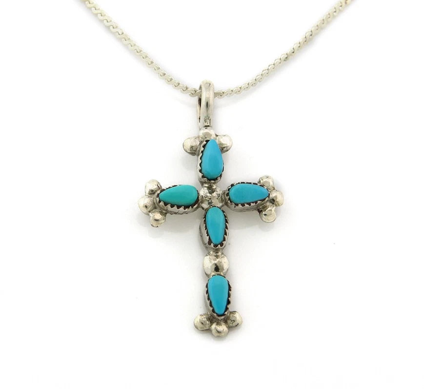 Navajo Cross Necklace Sterling Silver Blue Turquoise Vintage Handmade