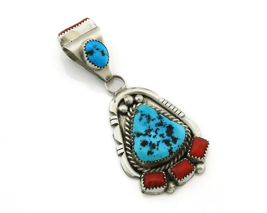 Navajo Pendant 9.25 Sterling Silver Turquoise & Coral Vintage Signed DE