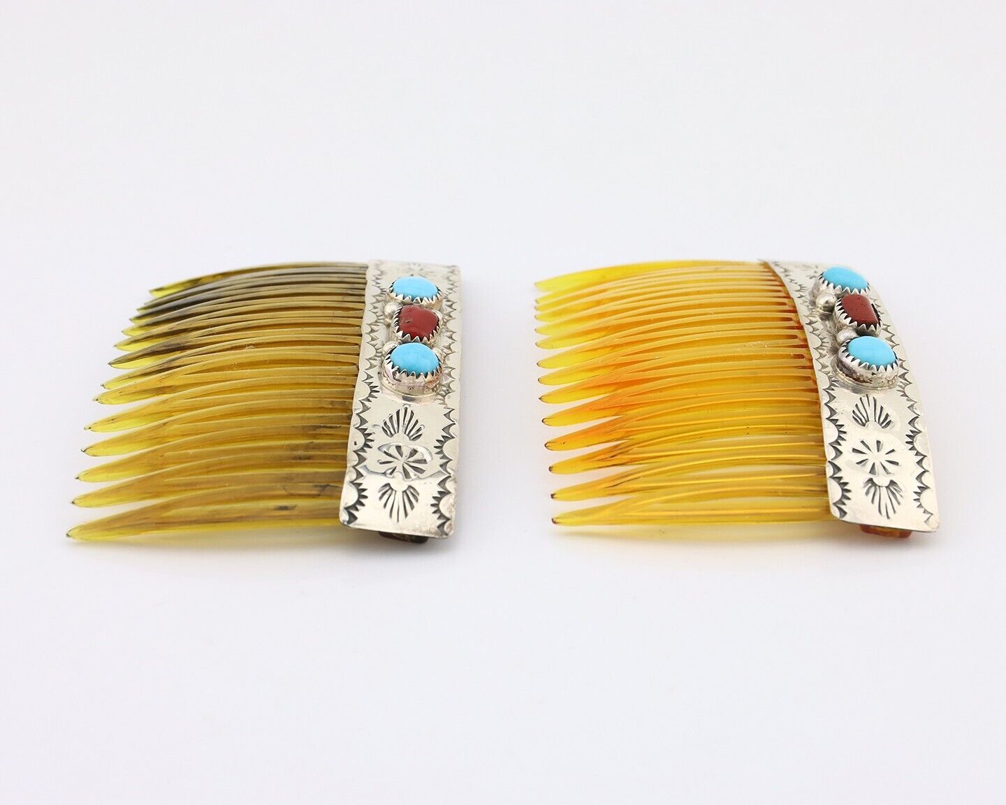 Navajo Hair Comb 925 Silver Sleeping Beauty Turquoise & Coral Native Artist C80s