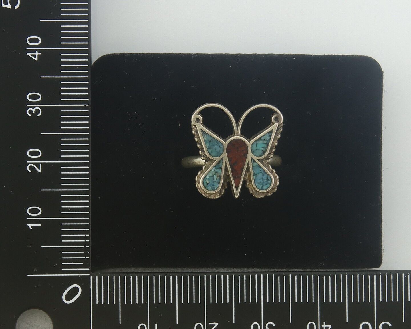 Navajo Ring 925 Silver Inlaid Butterfly Turquoise & Coral C.80's Size 5.5