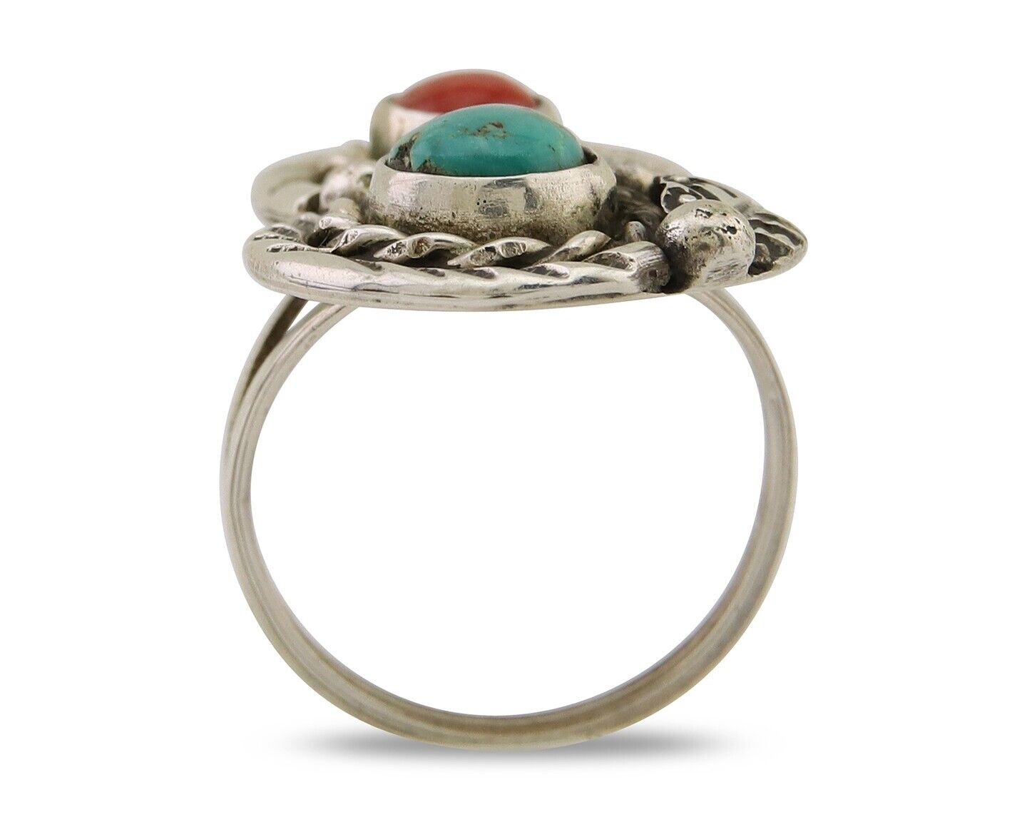 Navajo Handmade Ring 925 Silver Turquoise & Coral Native Artist C.80's
