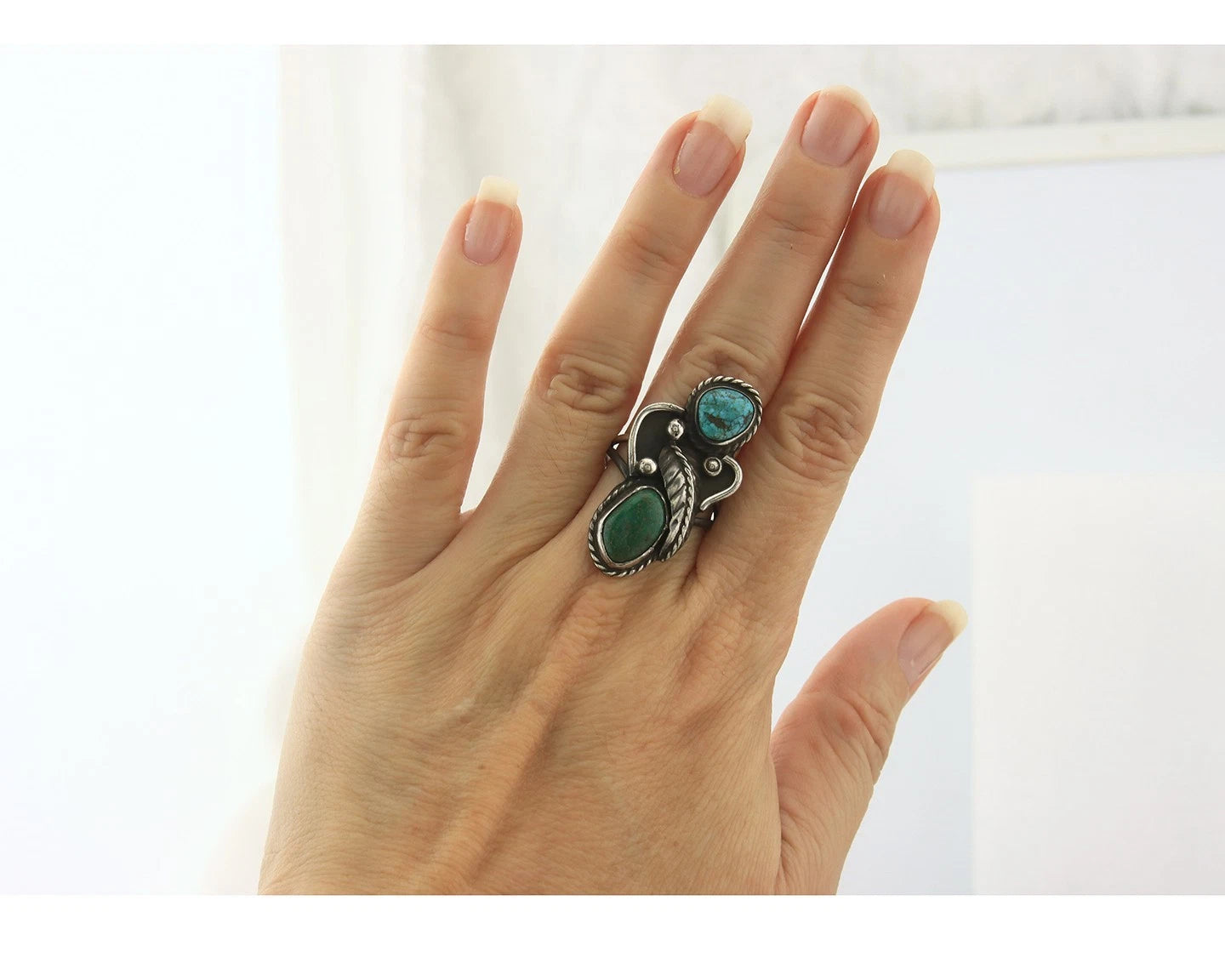 Navajo Angel Ring Sterling Silver Turquoise Vintage Artist Size 9.25