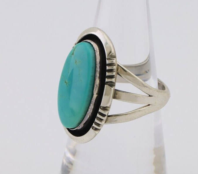 Navajo Hand Stamped Ring 925 Silver Natural Turquoise Native Artist C.80's