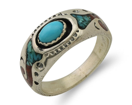 Navajo Ring 925 Silver Turquoise & Coral Natural American Artist C.80's